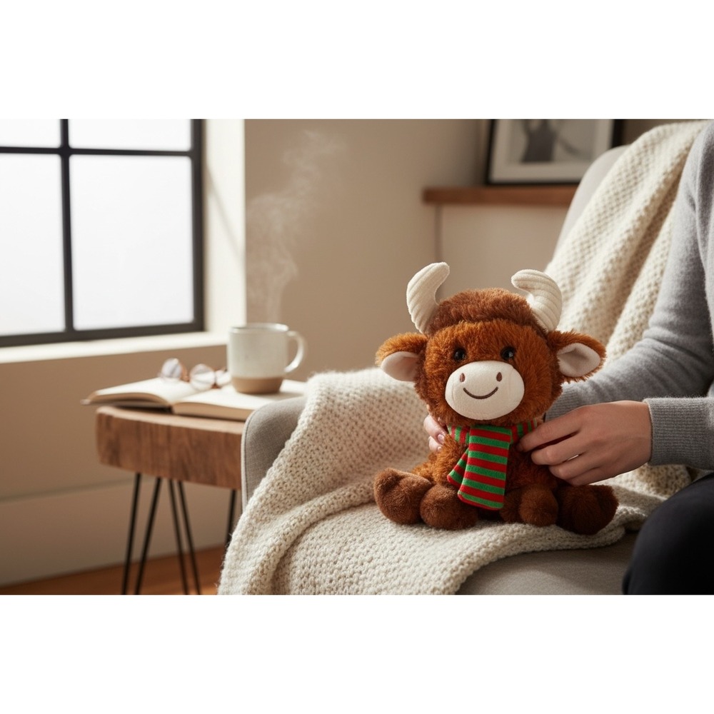 Adorable Brown Bull Plush‎ Stuffed Animal Toy Festive Scarf Christmas Holiday